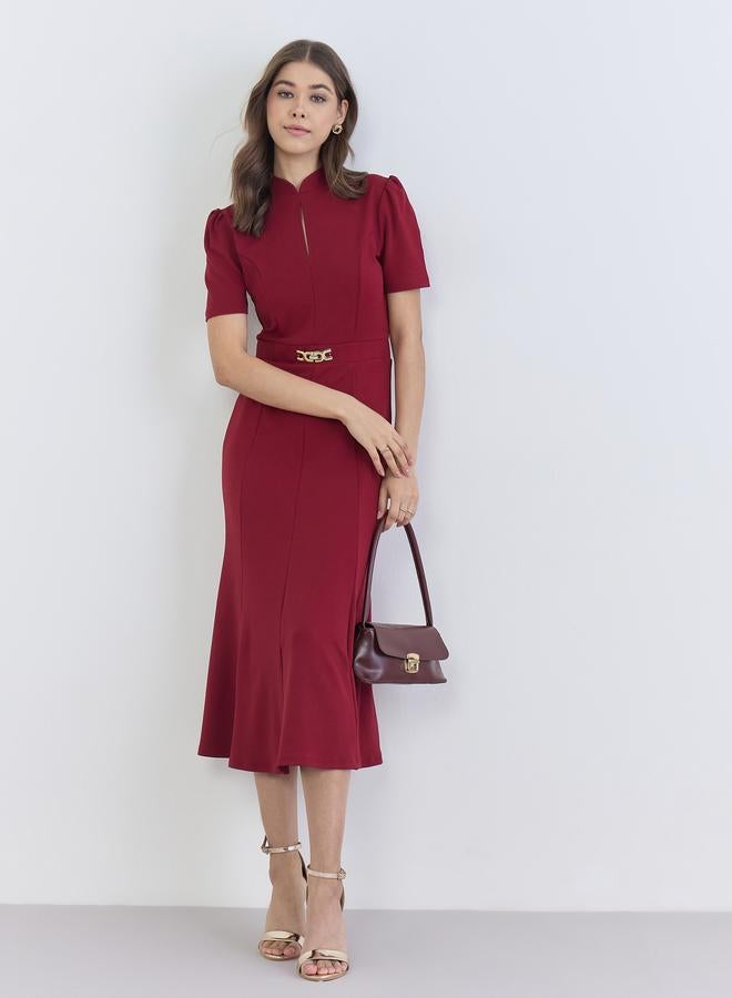 ستايلي فستان ميدي بحافة واسعة بياقة ماندارين - Image 1